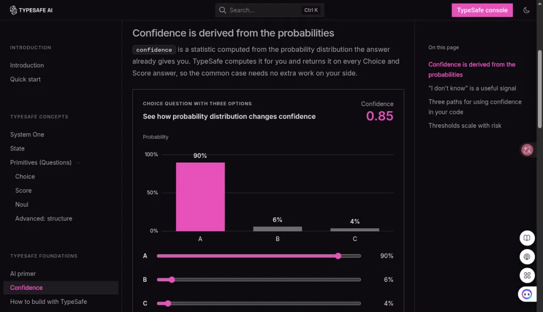 TypeSafe confidence example showing a probability distribution and a confidence value of 0.85
