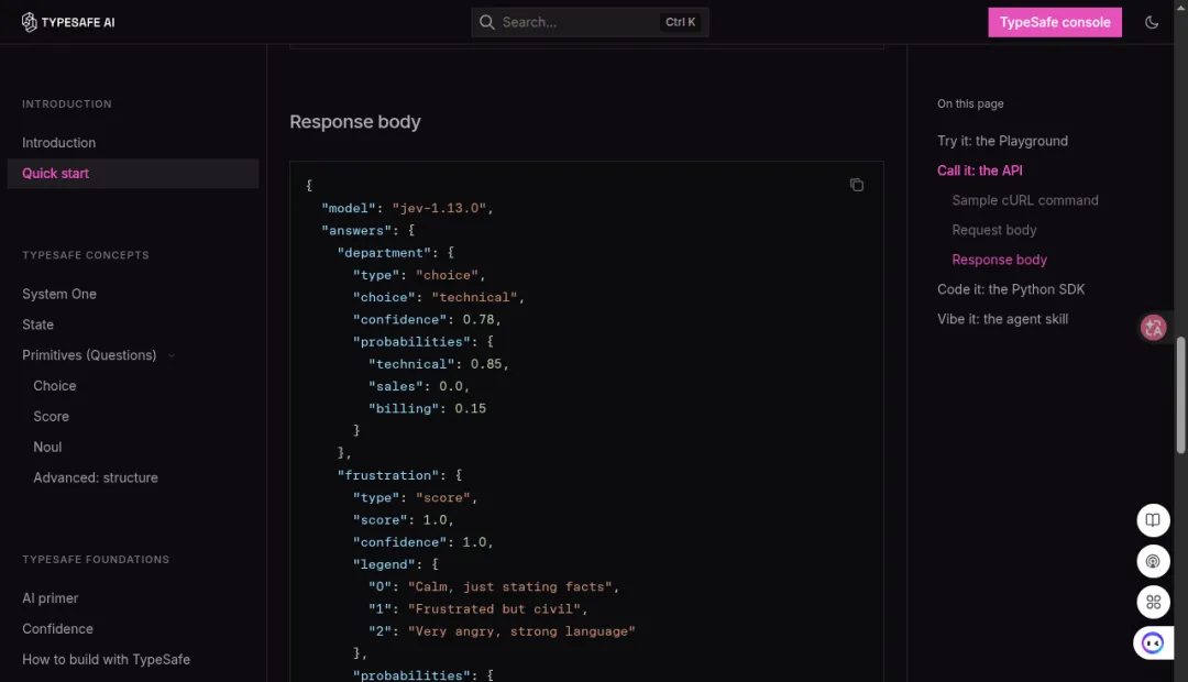 TypeSafe Jev API response body showing a choice, score and Noul answer