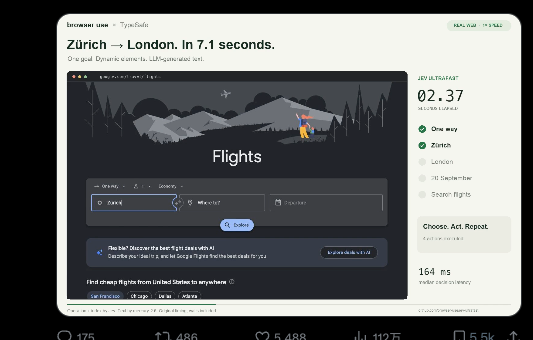 A Jev-assisted browser agent searching for a flight from Zurich to London