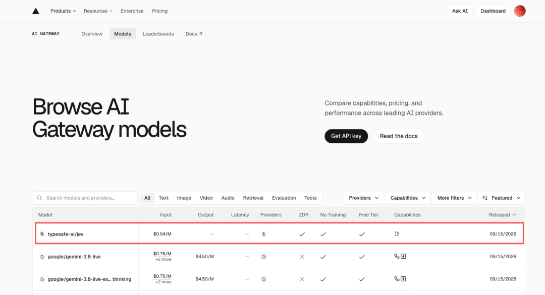 Browse AI model list showing typesafe-ai/jev