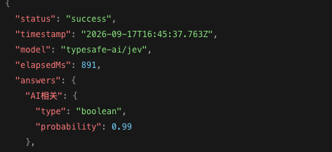 A Jev API response with a boolean probability